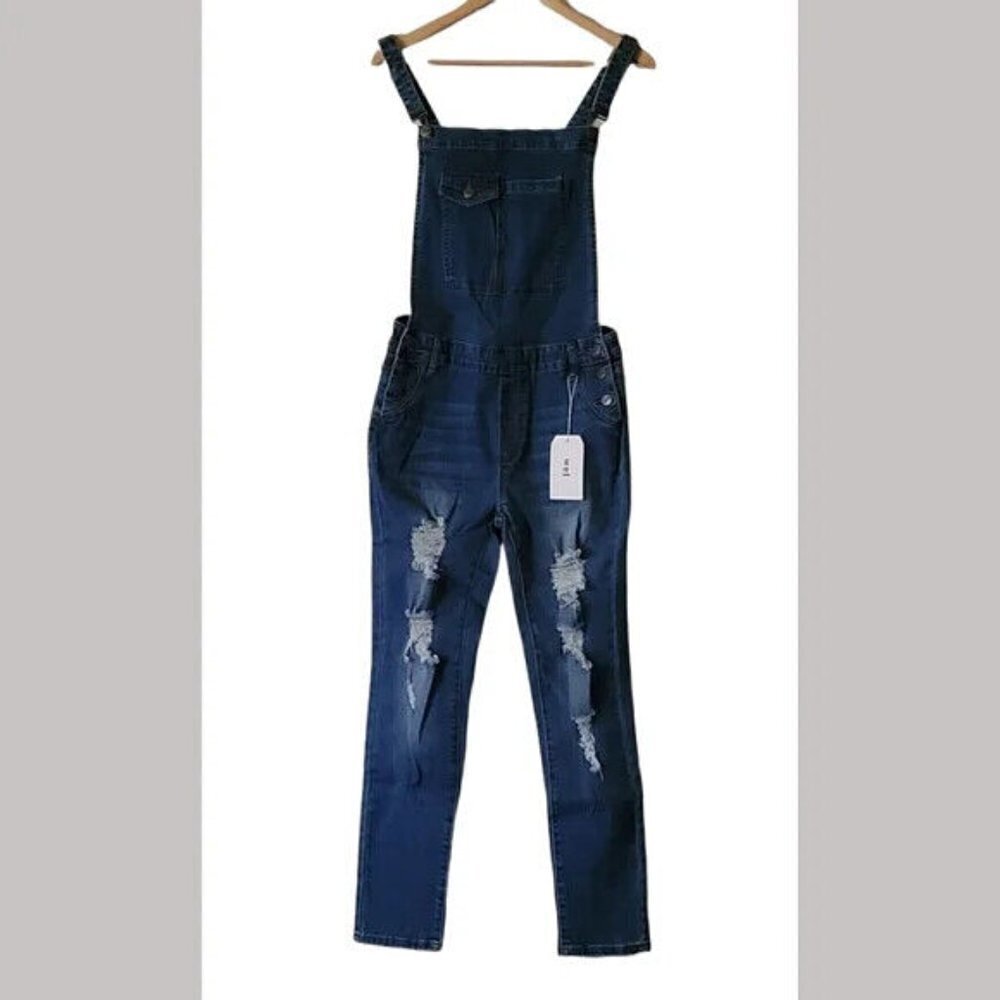 Skinny Denim Overalls Distressed Ripped Jeans - Picture 10 of 15